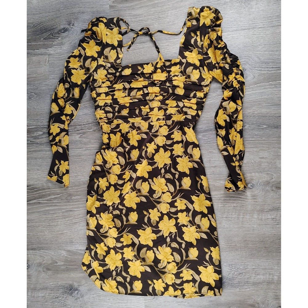 Floret‎ Studios Brown Yellow Floral Ruched Long Sleeve Minidress S Zip Bodycon